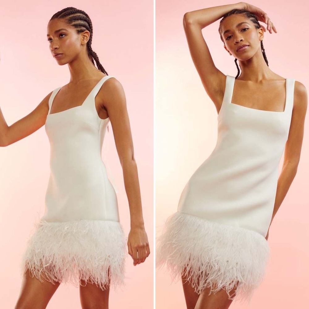 Cynthia Rowley Cream Square-Neck Mini Dress with Feather Hem - Picture 2 of 10